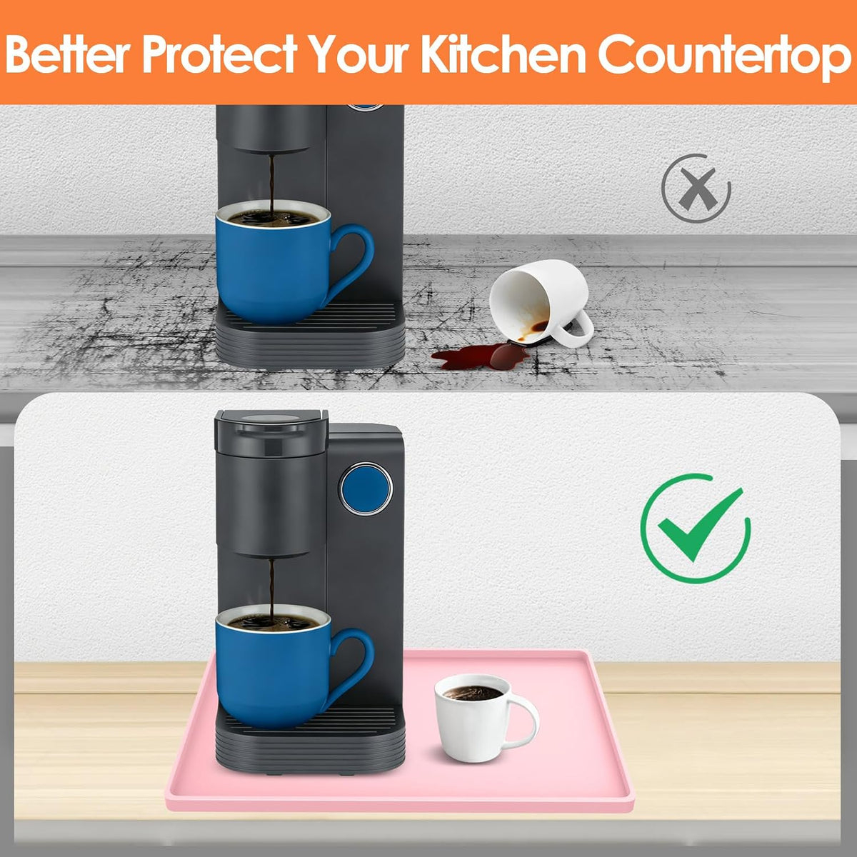 Silicone Coffee Maker Mat with Lip for Countertops, 15.7'' x 11.8'', Pink
