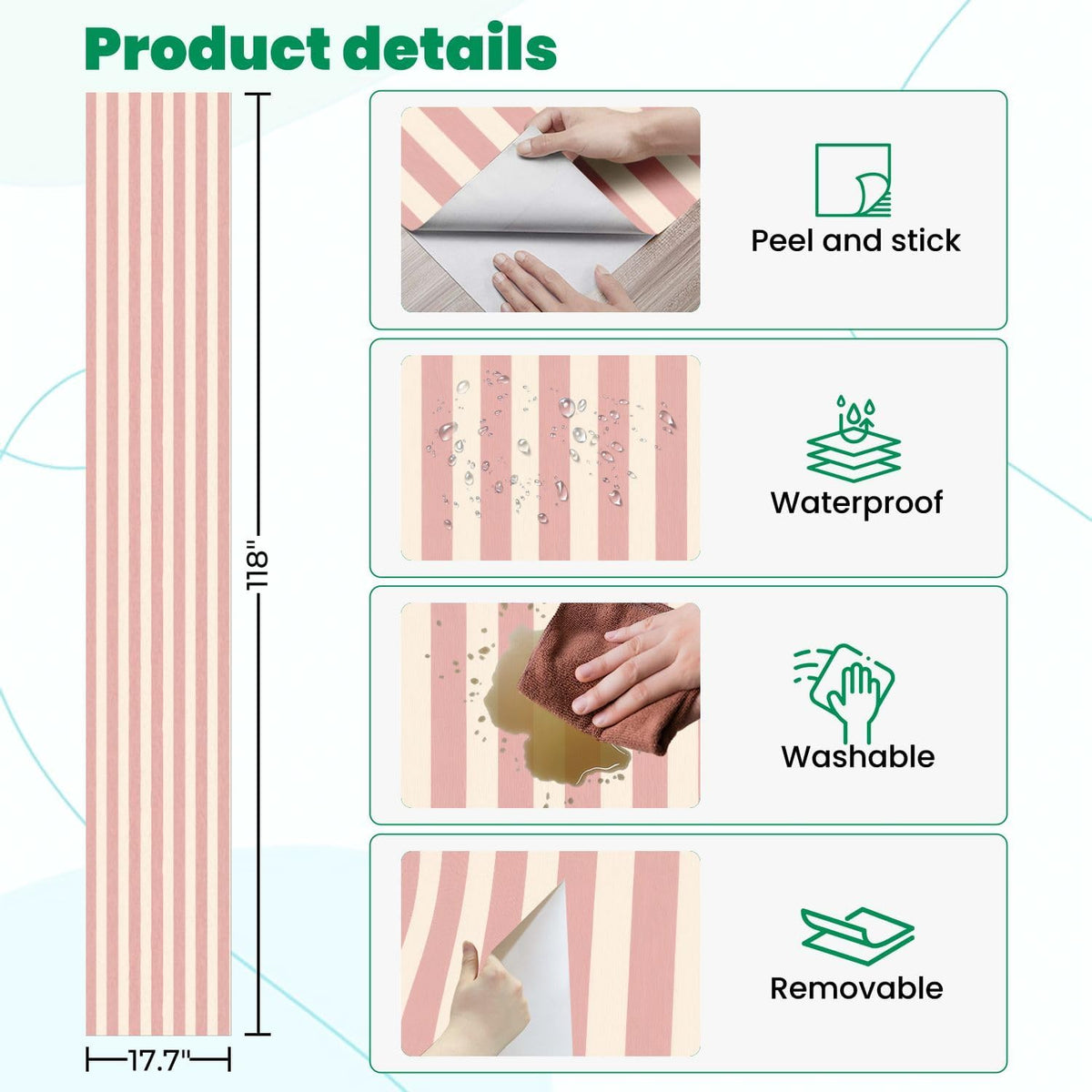 Peel and Stick Wallpaper Pink Cream Striped Vertical Stripes Wall Mural 17.7"x118" Self Adhesive Removable Contact Paper Renter Friendly Wallpaper for Kitchen Bedroom