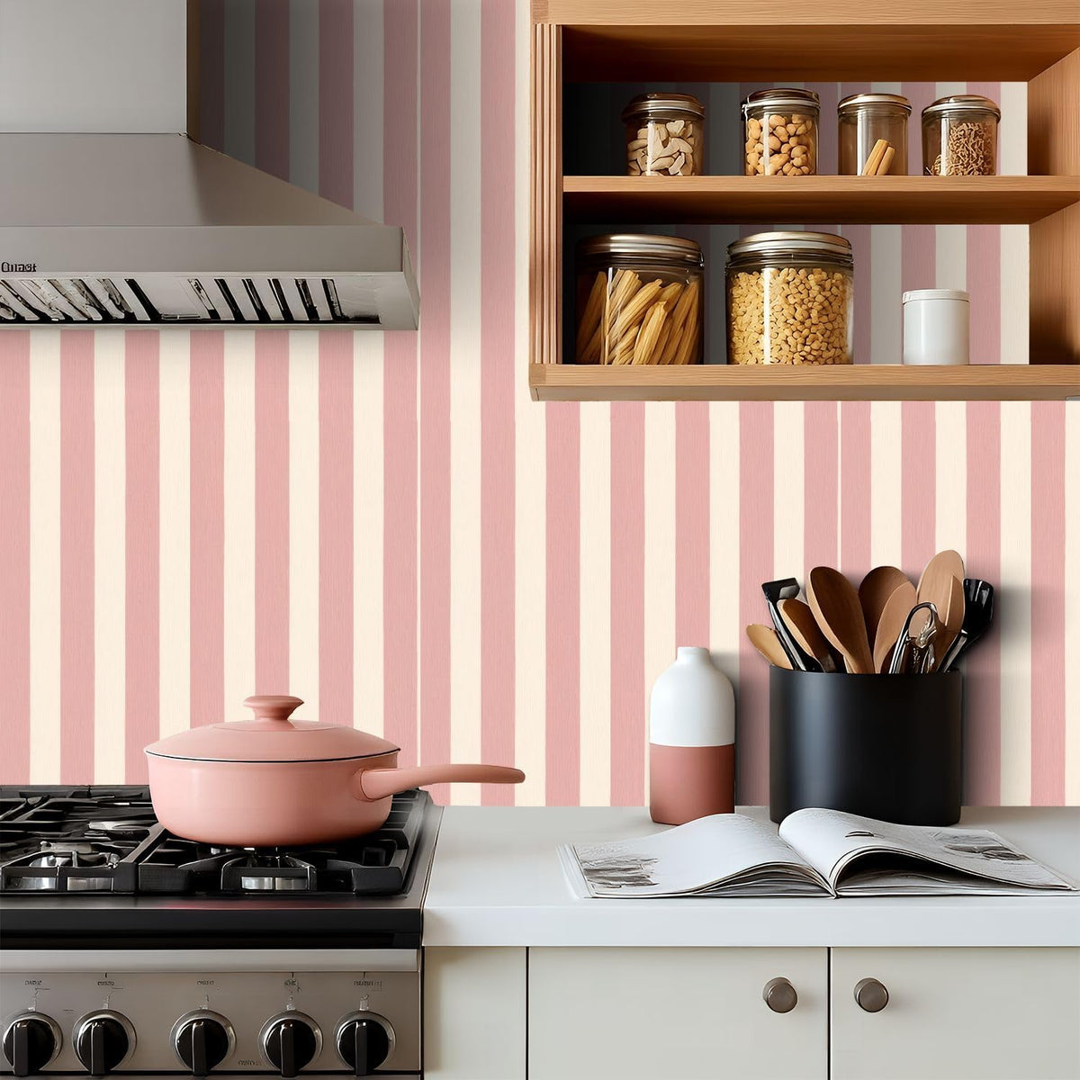 Peel and Stick Wallpaper Pink Cream Striped Vertical Stripes Wall Mural 17.7"x118" Self Adhesive Removable Contact Paper Renter Friendly Wallpaper for Kitchen Bedroom