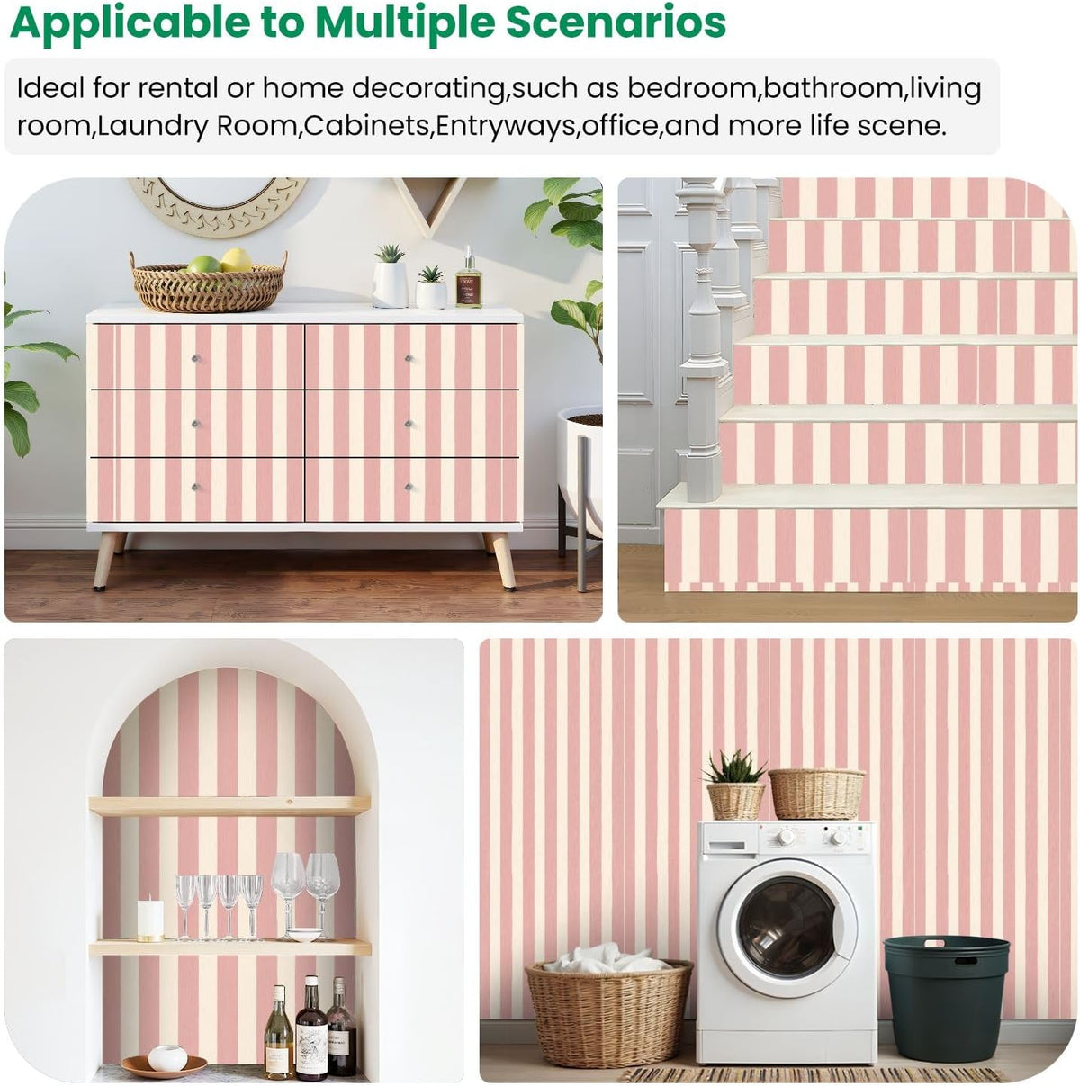 Peel and Stick Wallpaper Pink Cream Striped Vertical Stripes Wall Mural 17.7"x118" Self Adhesive Removable Contact Paper Renter Friendly Wallpaper for Kitchen Bedroom