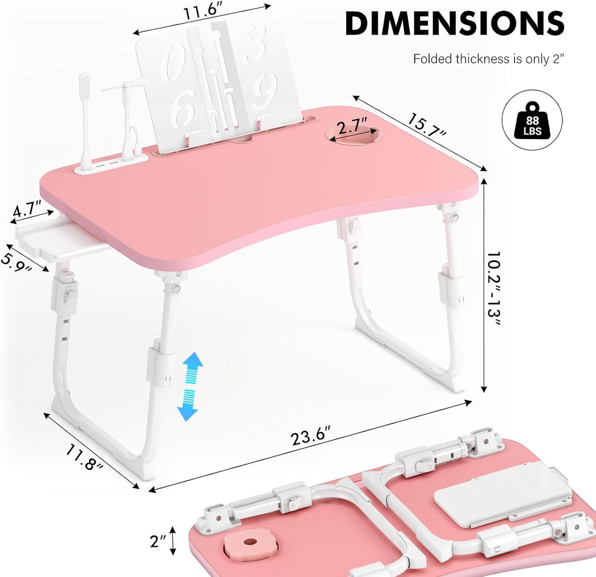 Lap Desk for Bed Adjustable Height, Foldable Bed Table with Storage Drawer, Tablet Slot & Cup Holder, Portable Laptop Stand for Bed & Sofa, Bed Desk for Adults & Kids, Pink