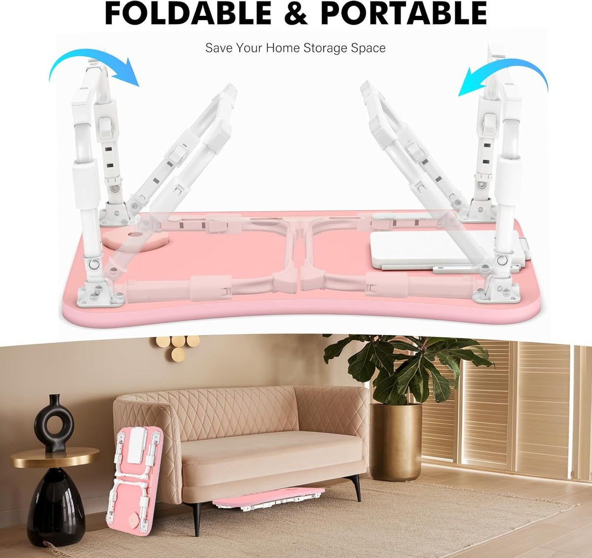 Lap Desk for Bed Adjustable Height, Foldable Bed Table with Storage Drawer, Tablet Slot & Cup Holder, Portable Laptop Stand for Bed & Sofa, Bed Desk for Adults & Kids, Pink