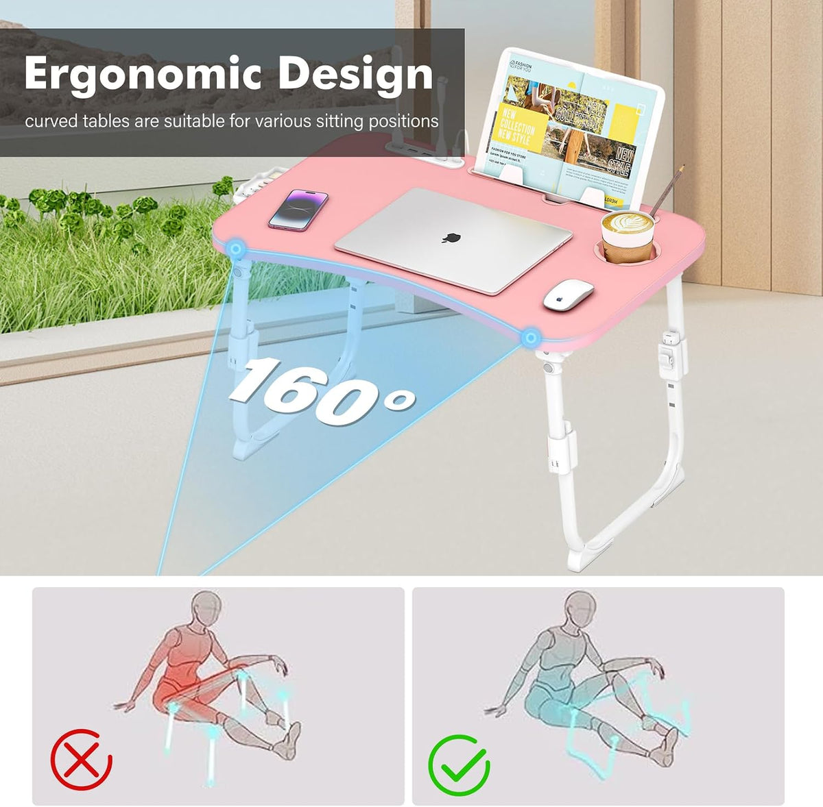 Lap Desk for Bed Adjustable Height, Foldable Bed Table with Storage Drawer, Tablet Slot & Cup Holder, Portable Laptop Stand for Bed & Sofa, Bed Desk for Adults & Kids, Pink