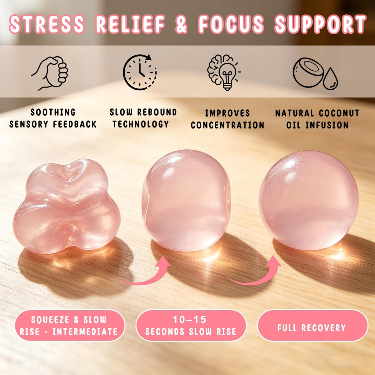 Coconut Oil Squishy, Coconut Oil Stress Ball – Formable No-Rebound Stress Relief Balls, for Adult Calming Desk Decor Anxiety Relief Gifts (Pink)