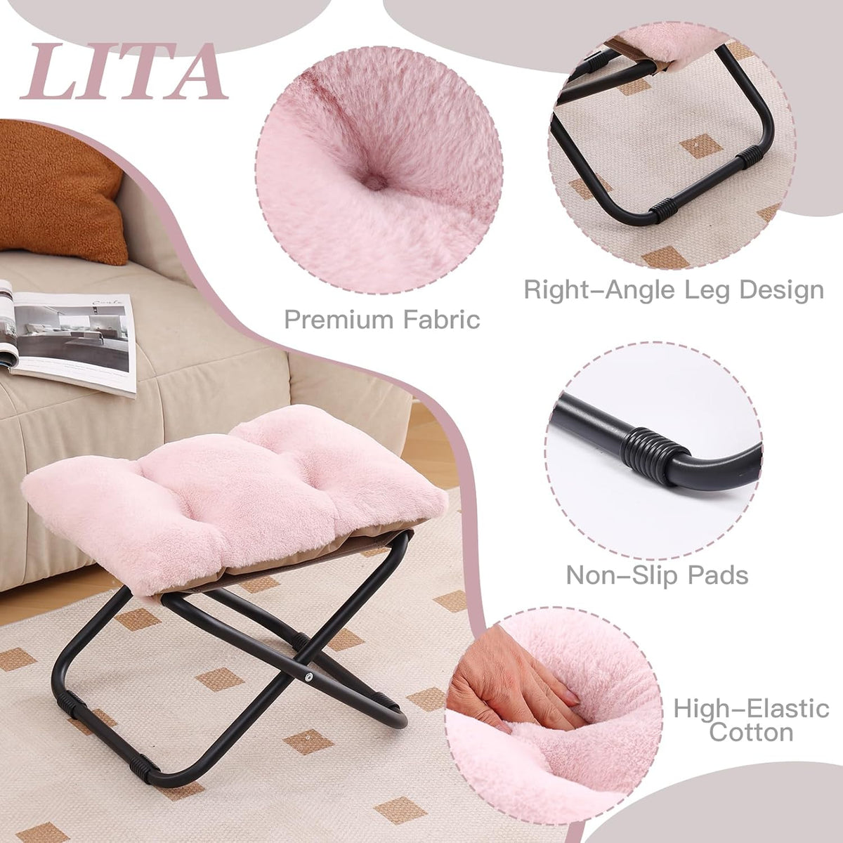 Folding Ottoman, Upholstered Folding Foot Rest Stool for Living Room