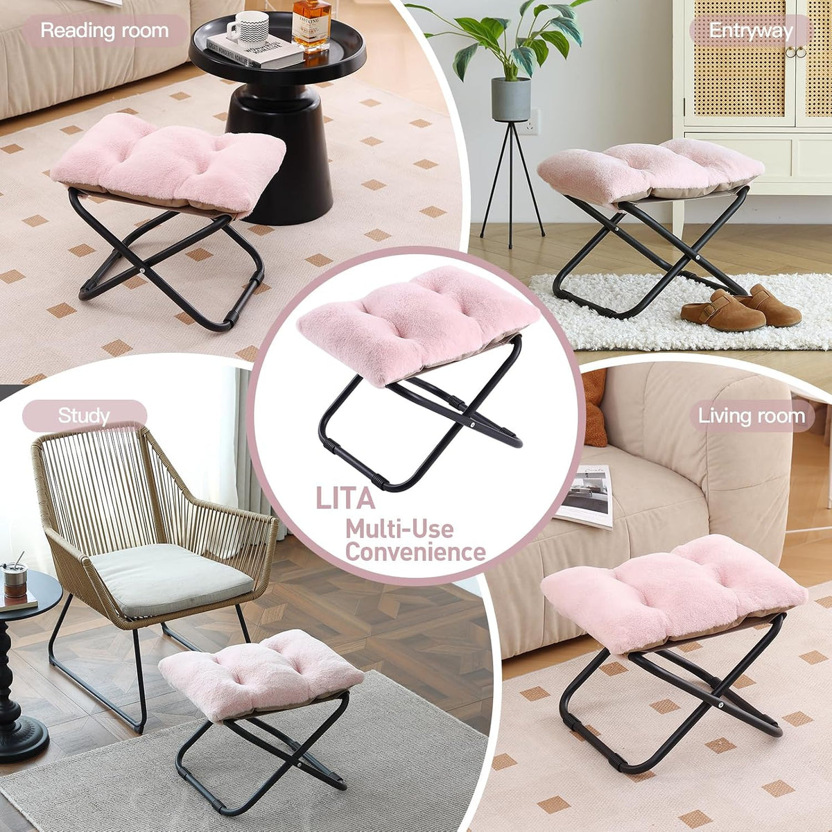 Folding Ottoman, Upholstered Folding Foot Rest Stool for Living Room