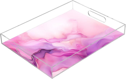 Plastic Food Serving Tray Decorative Vanity Trays for Bathroom Marble Hot Pink Coffee Table Kitchen Counter 11.8 * 15.7in