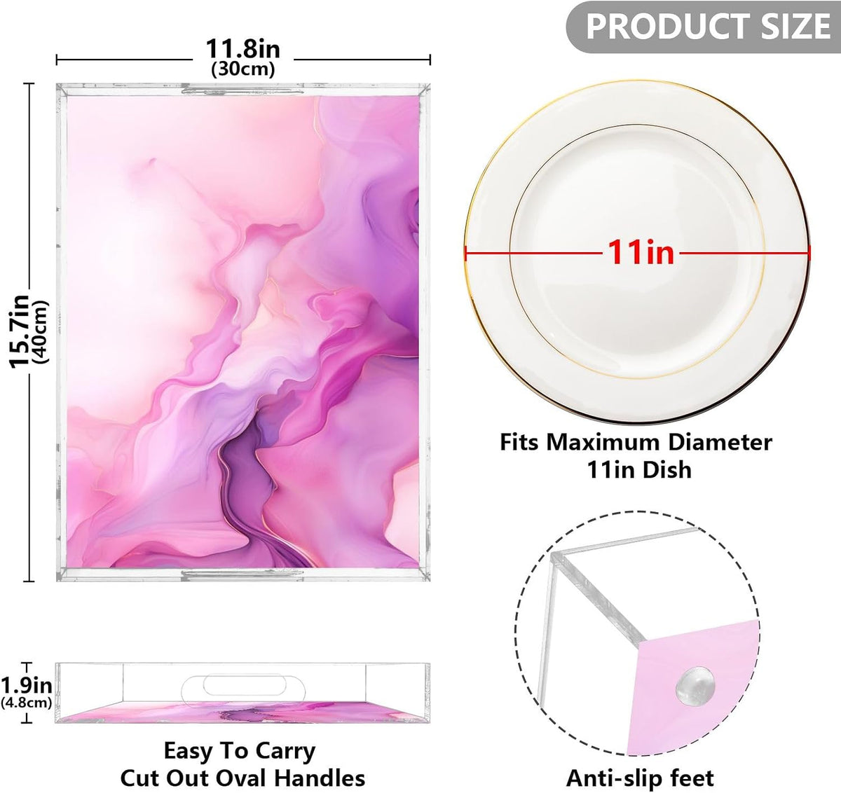 Plastic Food Serving Tray Decorative Vanity Trays for Bathroom Marble Hot Pink Coffee Table Kitchen Counter 11.8 * 15.7in