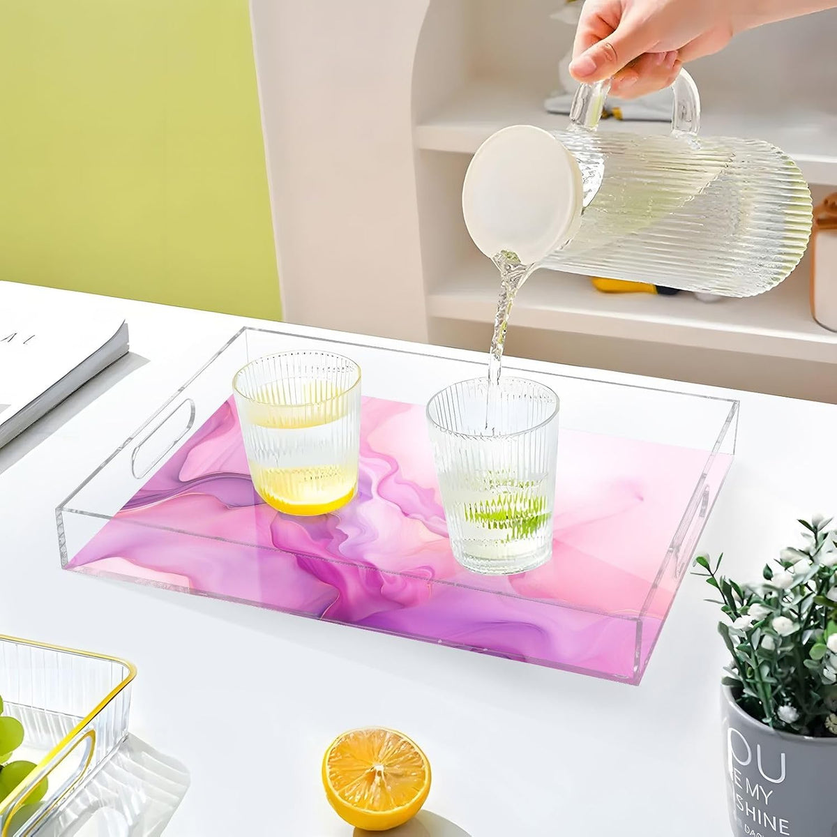 Plastic Food Serving Tray Decorative Vanity Trays for Bathroom Marble Hot Pink Coffee Table Kitchen Counter 11.8 * 15.7in