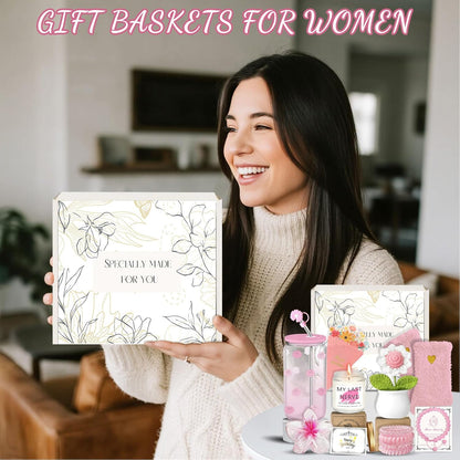 Birthday Gifts for Women Teen Girls, Unique Happy Graduation Gift Baskets for Her, Thank You Teacher Self Care Get Well Present Set, 14pcs Cute Rose Box Girlfriend Wife Sister Coworker(Pink)