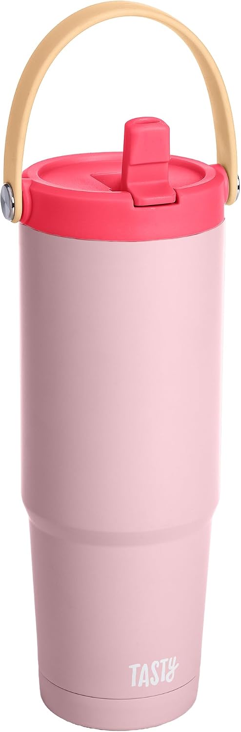 30oz Insulated Travel Tumbler, Leak-Proof Water Bottle, Double-Wall Stainless Steel Flask with Flip Straw Lid,Cup Holder Compatible with Easy Carry Handle, Pink