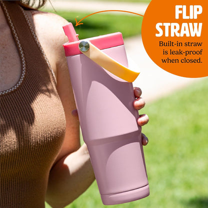 30oz Insulated Travel Tumbler, Leak-Proof Water Bottle, Double-Wall Stainless Steel Flask with Flip Straw Lid,Cup Holder Compatible with Easy Carry Handle, Pink