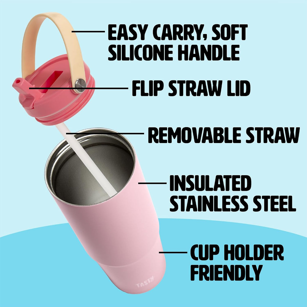 30oz Insulated Travel Tumbler, Leak-Proof Water Bottle, Double-Wall Stainless Steel Flask with Flip Straw Lid,Cup Holder Compatible with Easy Carry Handle, Pink