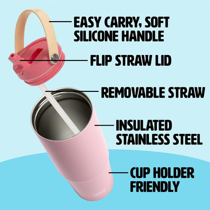 30oz Insulated Travel Tumbler, Leak-Proof Water Bottle, Double-Wall Stainless Steel Flask with Flip Straw Lid,Cup Holder Compatible with Easy Carry Handle, Pink