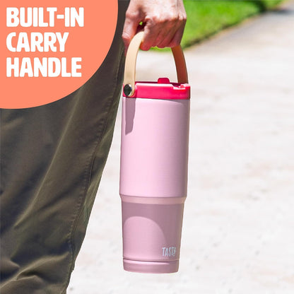 30oz Insulated Travel Tumbler, Leak-Proof Water Bottle, Double-Wall Stainless Steel Flask with Flip Straw Lid,Cup Holder Compatible with Easy Carry Handle, Pink