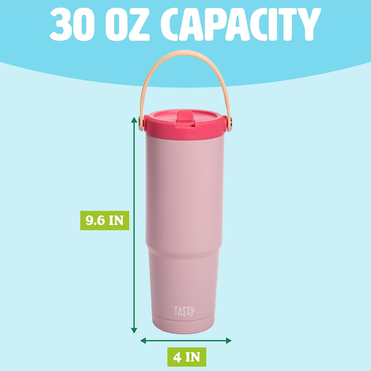 30oz Insulated Travel Tumbler, Leak-Proof Water Bottle, Double-Wall Stainless Steel Flask with Flip Straw Lid,Cup Holder Compatible with Easy Carry Handle, Pink