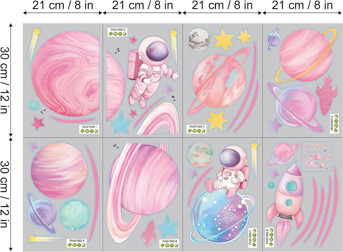 Pastel Pink Planet Orbits Wall Decals, Fantasy Outer Space Themed Wall Stickers with Rocket Astronaut and Stars for Kid's Bedroom, Nursery, Playoom, Peel and Stick Reusable