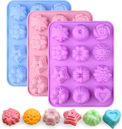 3 Pack Flower Molds Silicone, 12 Cavities Different Shapes Silicone Molds for Chocolate, Cupcake, Candy, Jelly, Ice Cube, Muffin (Pink, Purple, Blue)