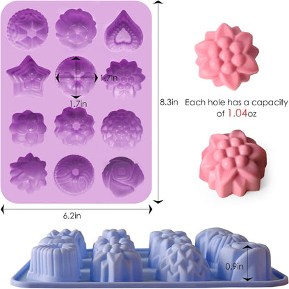 3 Pack Flower Molds Silicone, 12 Cavities Different Shapes Silicone Molds for Chocolate, Cupcake, Candy, Jelly, Ice Cube, Muffin (Pink, Purple, Blue)