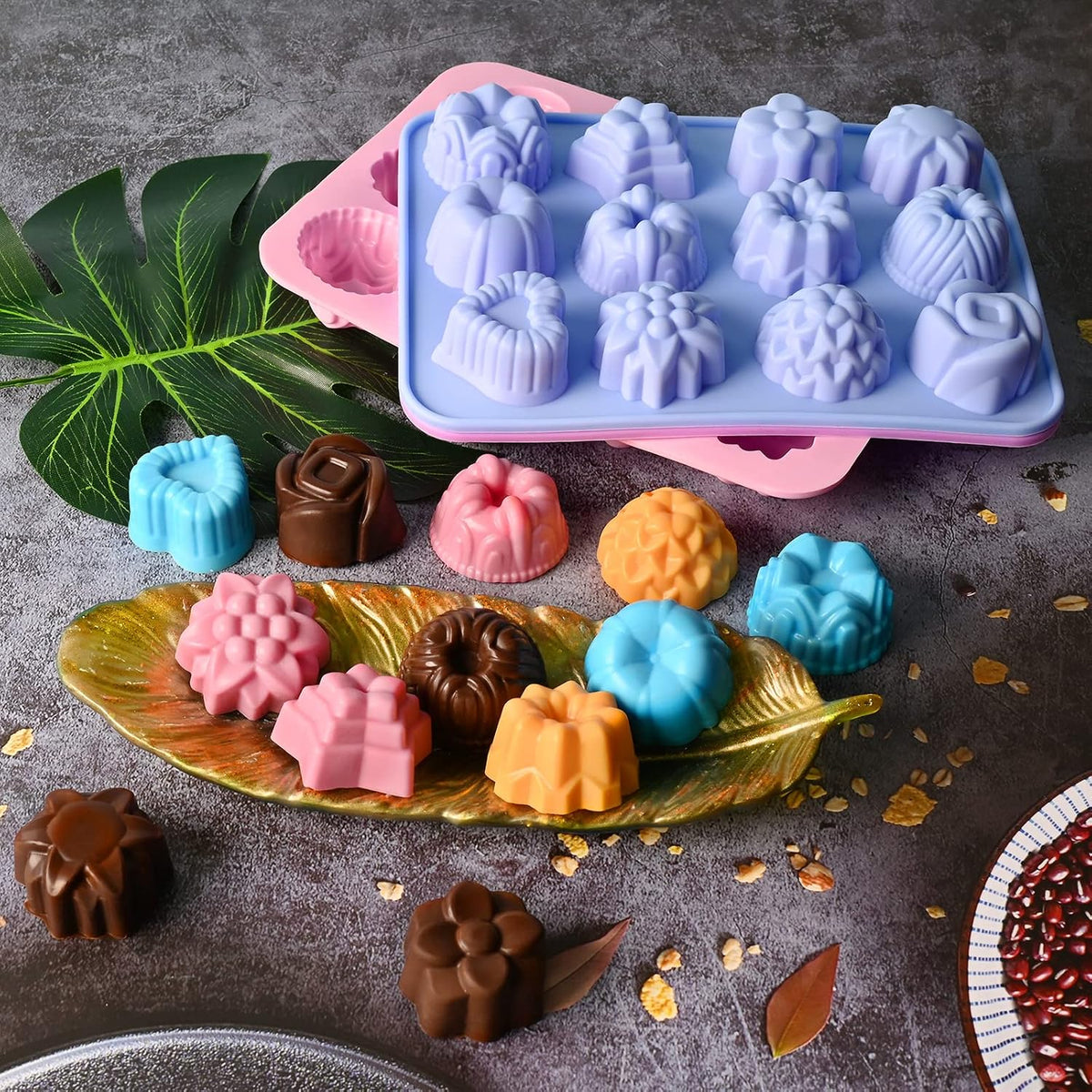 3 Pack Flower Molds Silicone, 12 Cavities Different Shapes Silicone Molds for Chocolate, Cupcake, Candy, Jelly, Ice Cube, Muffin (Pink, Purple, Blue)