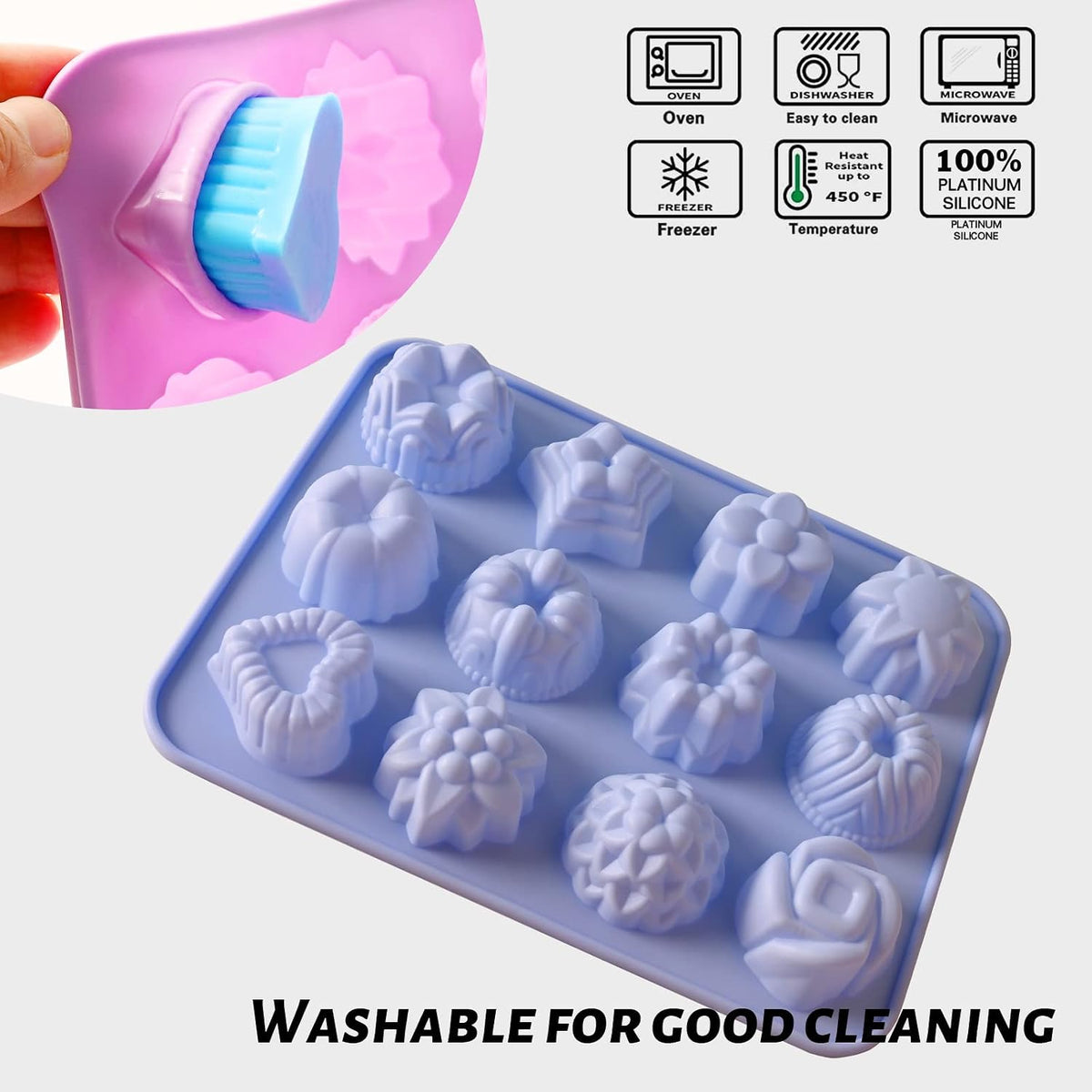 3 Pack Flower Molds Silicone, 12 Cavities Different Shapes Silicone Molds for Chocolate, Cupcake, Candy, Jelly, Ice Cube, Muffin (Pink, Purple, Blue)