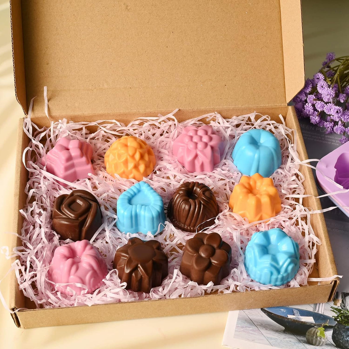 3 Pack Flower Molds Silicone, 12 Cavities Different Shapes Silicone Molds for Chocolate, Cupcake, Candy, Jelly, Ice Cube, Muffin (Pink, Purple, Blue)