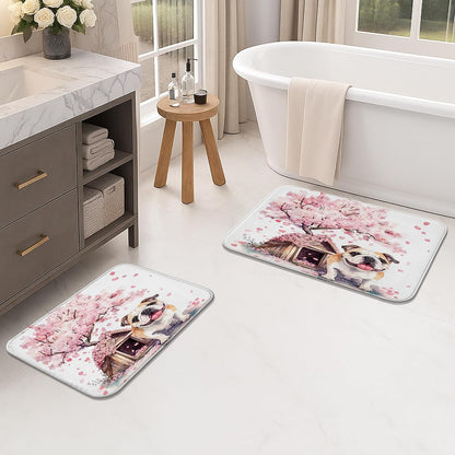 Fanciful Floral Quick Dry Bath Mat, Peach Dog and Cherries Blossom Absorbent Non Slip Shower Mat, Spring Decorative Washable Bath Rugs for Bathroom Toilet Restroom 20x32 Inch