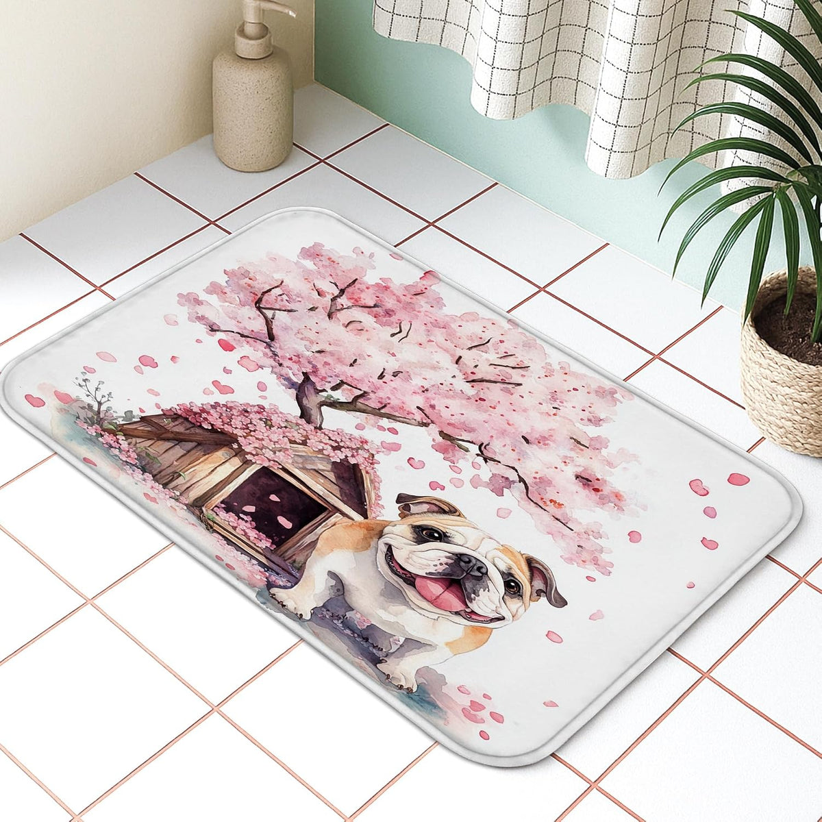 Fanciful Floral Quick Dry Bath Mat, Peach Dog and Cherries Blossom Absorbent Non Slip Shower Mat, Spring Decorative Washable Bath Rugs for Bathroom Toilet Restroom 20x32 Inch