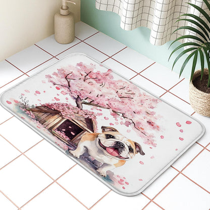 Fanciful Floral Quick Dry Bath Mat, Peach Dog and Cherries Blossom Absorbent Non Slip Shower Mat, Spring Decorative Washable Bath Rugs for Bathroom Toilet Restroom 20x32 Inch