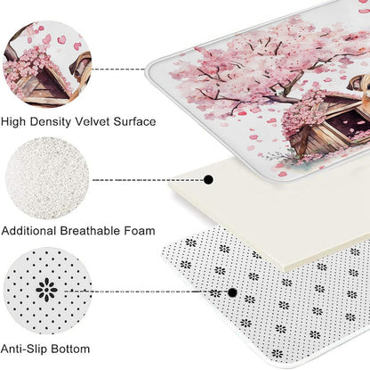 Fanciful Floral Quick Dry Bath Mat, Peach Dog and Cherries Blossom Absorbent Non Slip Shower Mat, Spring Decorative Washable Bath Rugs for Bathroom Toilet Restroom 20x32 Inch