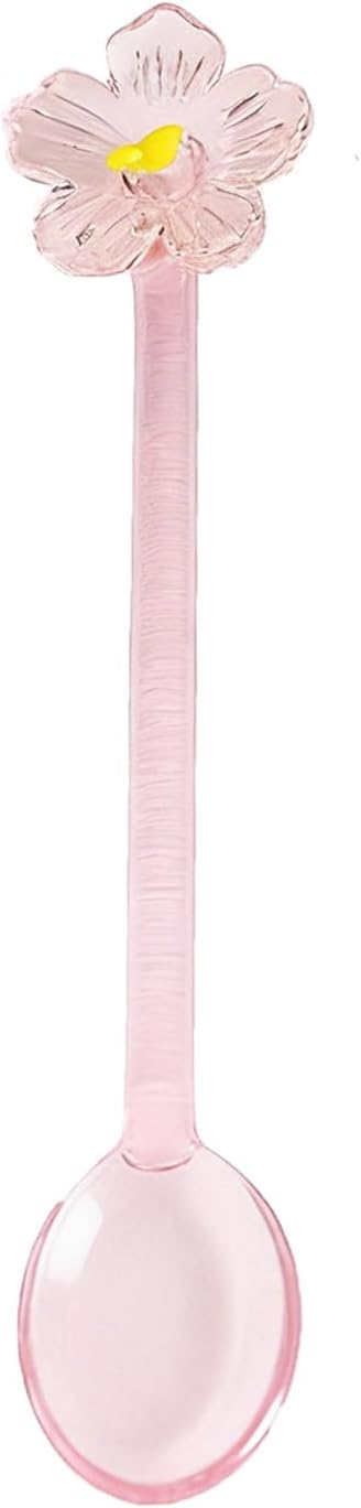 1 Pieces Glass Flower Coffee Spoons, 5.8 Inch Floral Design Drink Juice Stirring Spoon Ice Cream Salad Dessert Fruit Scoop Teaspoons Cocktail Stirrer for Home Bar Party Cafe (Pink)