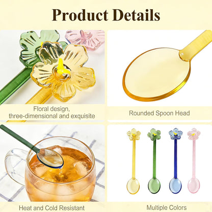 1 Pieces Glass Flower Coffee Spoons, 5.8 Inch Floral Design Drink Juice Stirring Spoon Ice Cream Salad Dessert Fruit Scoop Teaspoons Cocktail Stirrer for Home Bar Party Cafe (Pink)