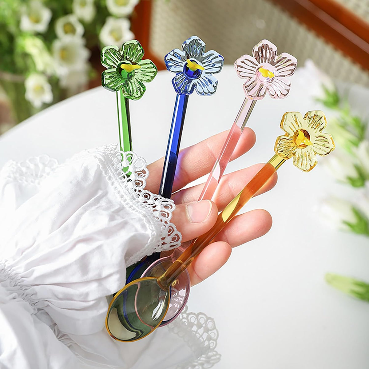 1 Pieces Glass Flower Coffee Spoons, 5.8 Inch Floral Design Drink Juice Stirring Spoon Ice Cream Salad Dessert Fruit Scoop Teaspoons Cocktail Stirrer for Home Bar Party Cafe (Pink)