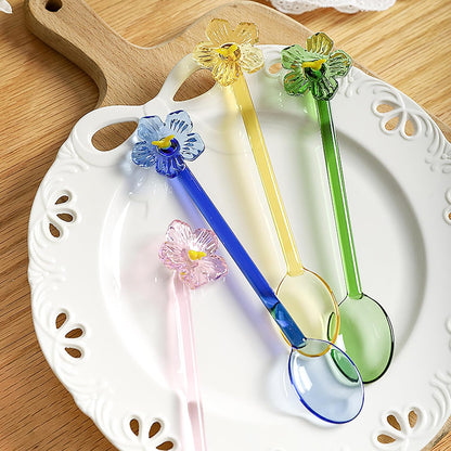 1 Pieces Glass Flower Coffee Spoons, 5.8 Inch Floral Design Drink Juice Stirring Spoon Ice Cream Salad Dessert Fruit Scoop Teaspoons Cocktail Stirrer for Home Bar Party Cafe (Pink)