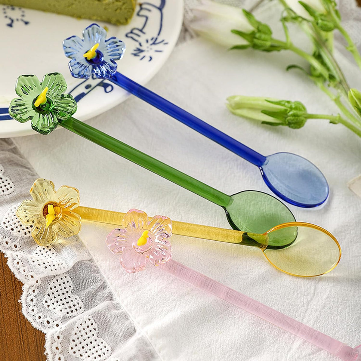 1 Pieces Glass Flower Coffee Spoons, 5.8 Inch Floral Design Drink Juice Stirring Spoon Ice Cream Salad Dessert Fruit Scoop Teaspoons Cocktail Stirrer for Home Bar Party Cafe (Pink)