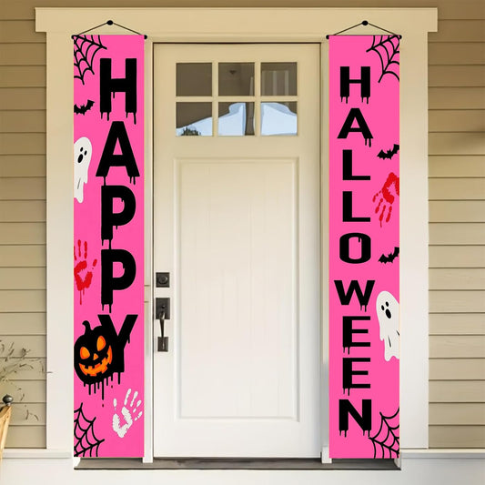 Door Banner 12x71 Inch Holiday Welcome Sign for Front Porch Entryway Indoor Outdoor Home Decoration Polyester Style Porch Banner (Pink Halloween#1)