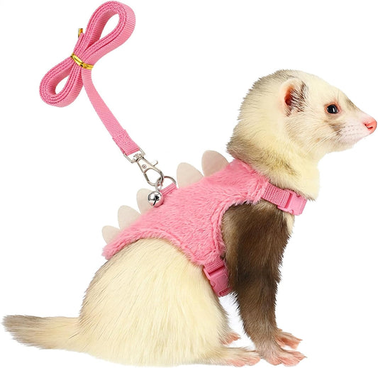 Ferret Harness and Leash Set Small Animals Vest Harness with Safe Bell Dinosaur Shaped Leash Set for Baby Rabbit Guinea Pig Teacup Chihuahua Mouse and Other Small Pet (Pink)