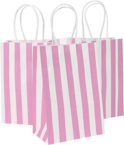Small Gift Bags with Handles,50pcs Kraft Paper Bags Bulk,Pink Strips