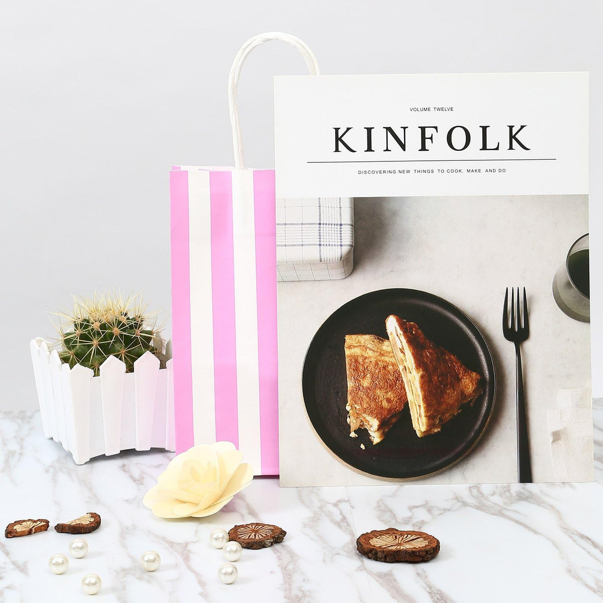 Small Gift Bags with Handles,50pcs Kraft Paper Bags Bulk,Pink Strips