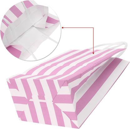 Small Gift Bags with Handles,50pcs Kraft Paper Bags Bulk,Pink Strips
