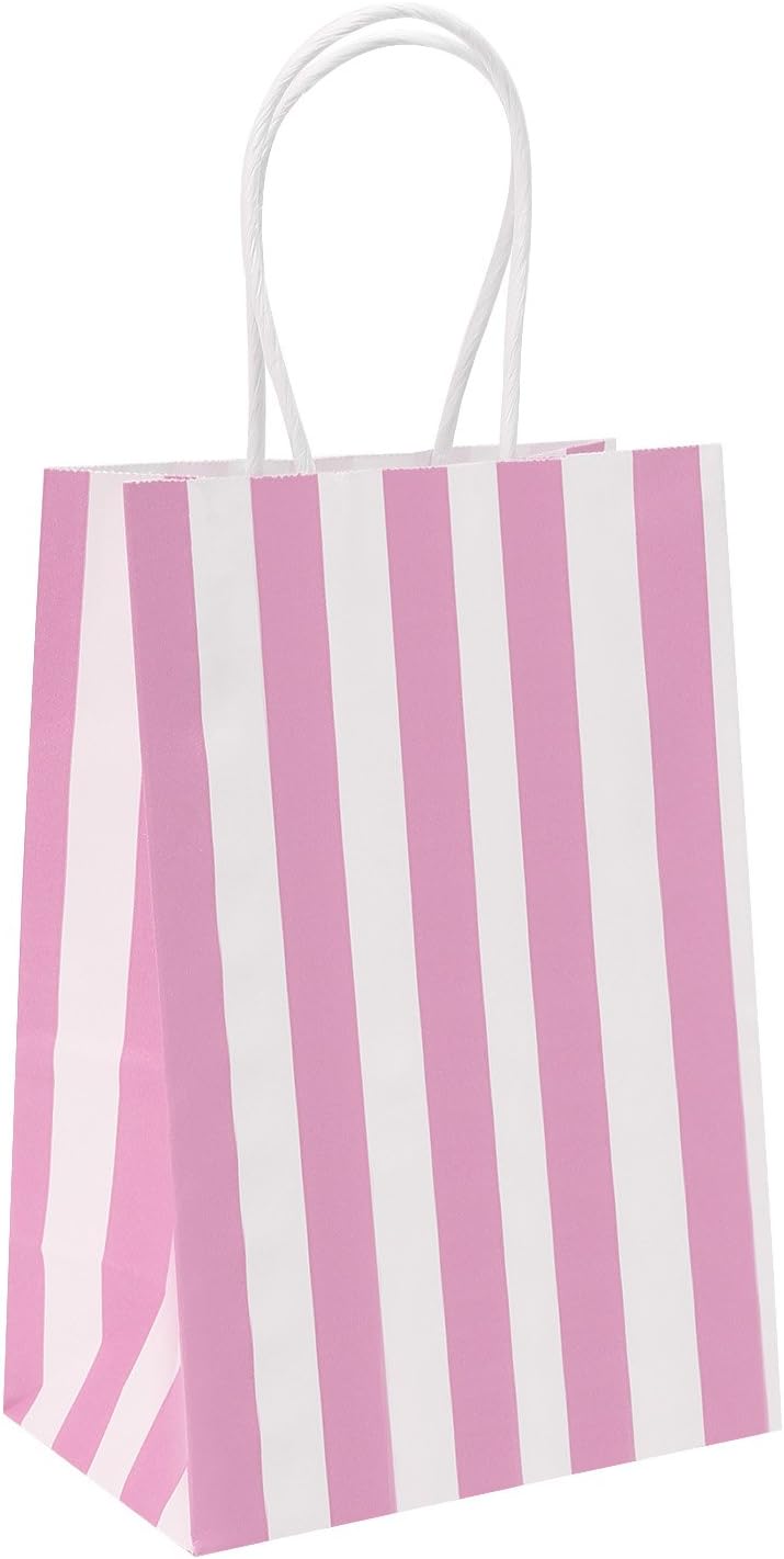 Small Gift Bags with Handles,50pcs Kraft Paper Bags Bulk,Pink Strips
