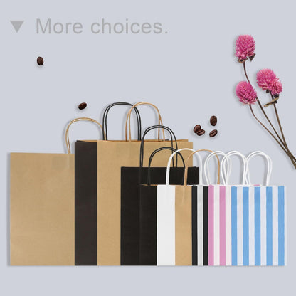 Small Gift Bags with Handles,50pcs Kraft Paper Bags Bulk,Pink Strips