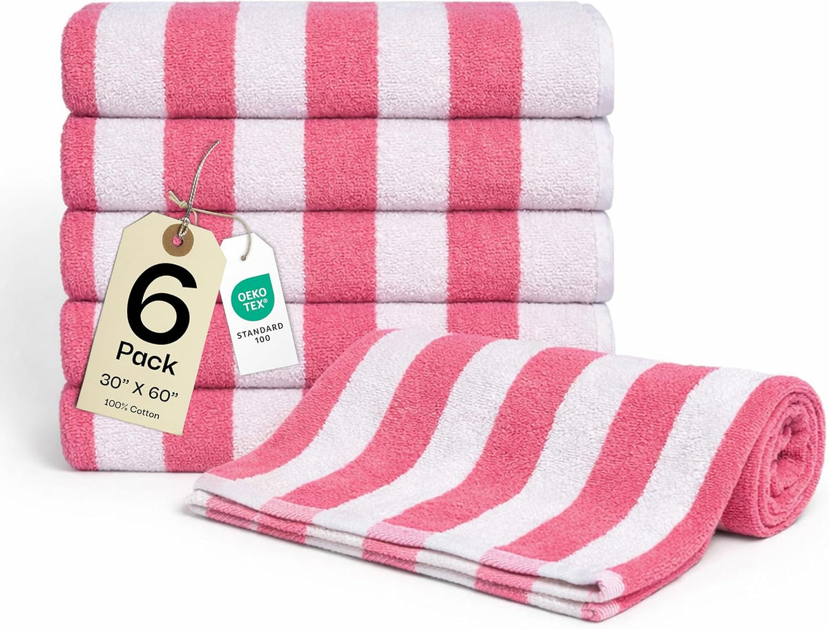30"x60" Oversized Beach Cotton Cabana Striped Towels 6 Pack (Lux Pink)