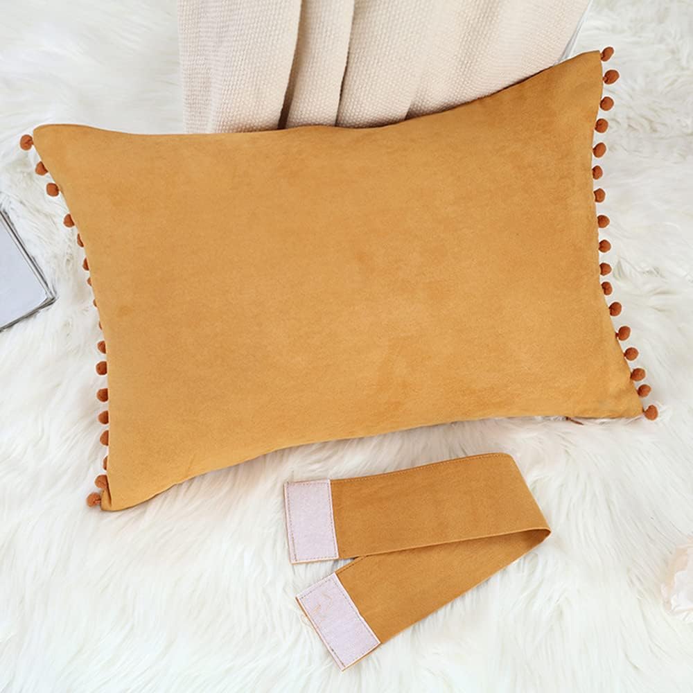 Boho Decorative Throw Pillow Covers with Pom Poms Soft Velvet Pillow Cases Bow Lumbar Pillow Covers 14 x 20 Cushion Case for Bed Couch Living Room Decor Blush