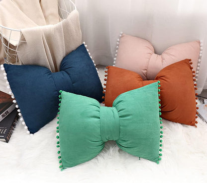 Boho Decorative Throw Pillow Covers with Pom Poms Soft Velvet Pillow Cases Bow Lumbar Pillow Covers 14 x 20 Cushion Case for Bed Couch Living Room Decor Blush