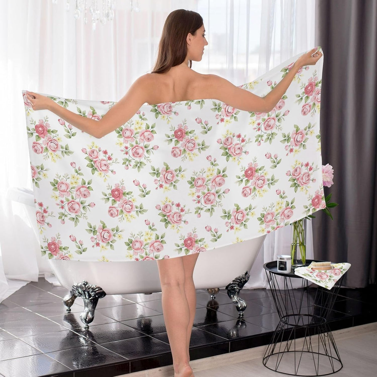 Flower Bath Towel Set, Pink Rose Flower Floral Cotton Bath Towels Soft Highly Absorbent Fast Drying for Bathroom Gym Hotel Beach, 1 Bath Towel 1 Washcloth