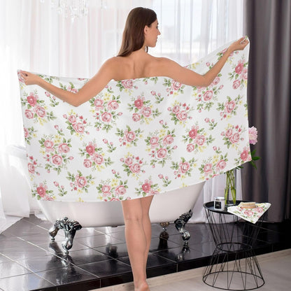 Flower Bath Towel Set, Pink Rose Flower Floral Cotton Bath Towels Soft Highly Absorbent Fast Drying for Bathroom Gym Hotel Beach, 1 Bath Towel 1 Washcloth