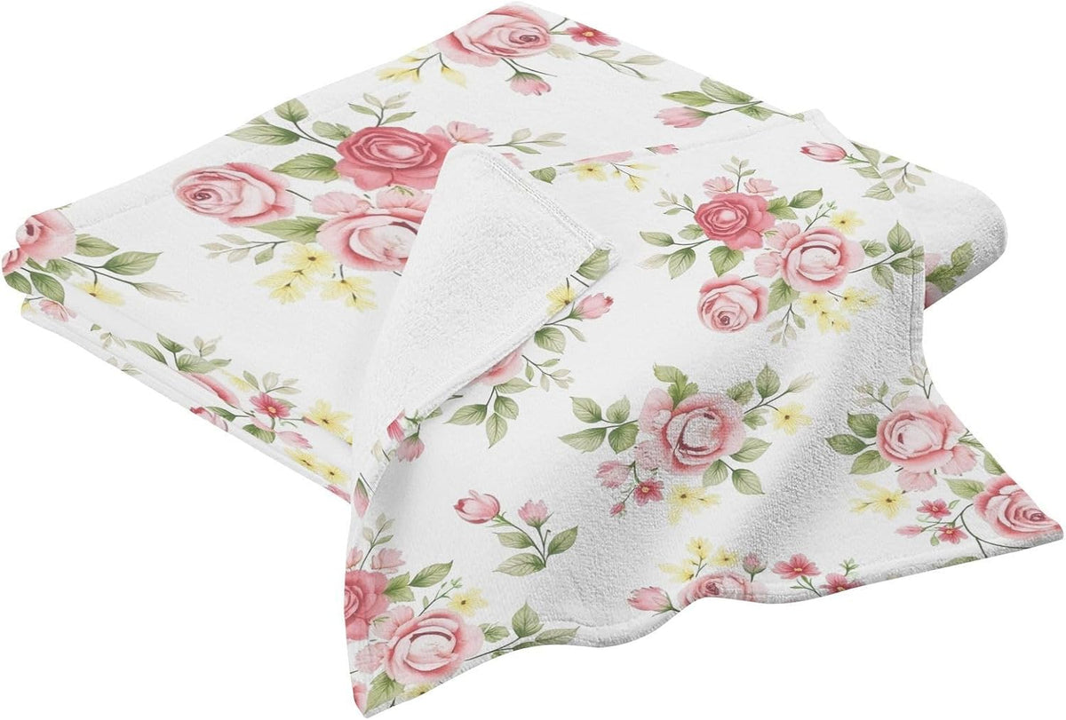 Flower Bath Towel Set, Pink Rose Flower Floral Cotton Bath Towels Soft Highly Absorbent Fast Drying for Bathroom Gym Hotel Beach, 1 Bath Towel 1 Washcloth