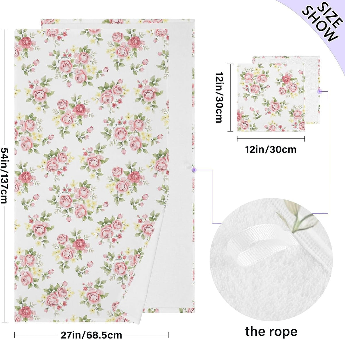 Flower Bath Towel Set, Pink Rose Flower Floral Cotton Bath Towels Soft Highly Absorbent Fast Drying for Bathroom Gym Hotel Beach, 1 Bath Towel 1 Washcloth