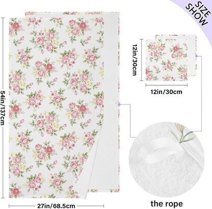 Flower Bath Towel Set, Pink Rose Flower Floral Cotton Bath Towels Soft Highly Absorbent Fast Drying for Bathroom Gym Hotel Beach, 1 Bath Towel 1 Washcloth
